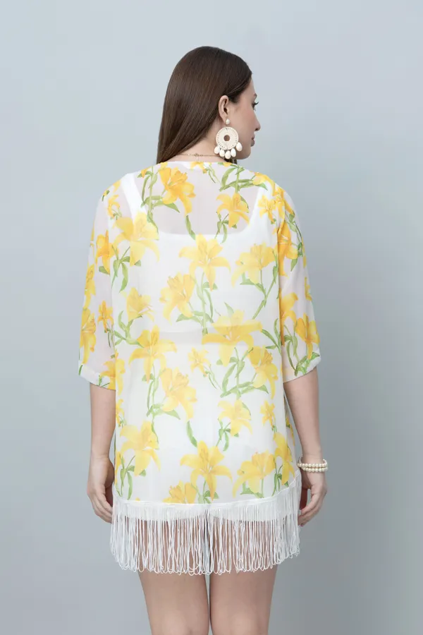 Yellow_&_White_Georgette_Floral_Print_3/4Th_Sleeve_Shrug_For_Women