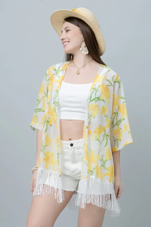 Yellow_&_White_Georgette_Floral_Print_3/4Th_Sleeve_Shrug_For_Women