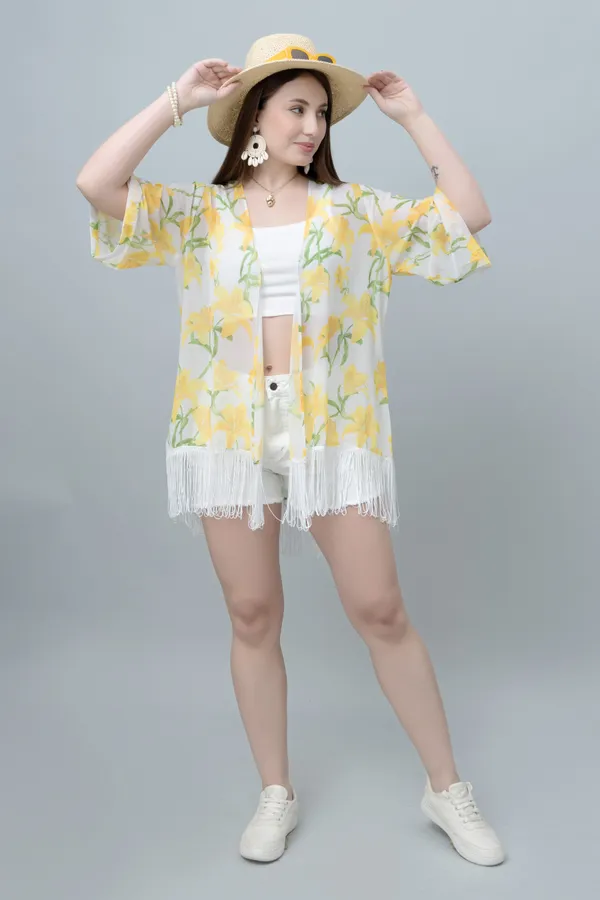 Yellow_&_White_Georgette_Floral_Print_3/4Th_Sleeve_Shrug_For_Women