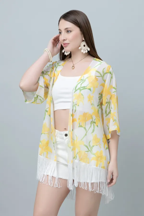 Yellow_&_White_Georgette_Floral_Print_3/4Th_Sleeve_Shrug_For_Women