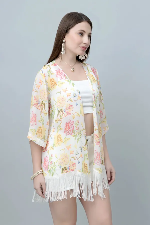 White_&_Yellow_Georgette_Floral_Print_3/4Th_Sleeve_Shrug_For_Women