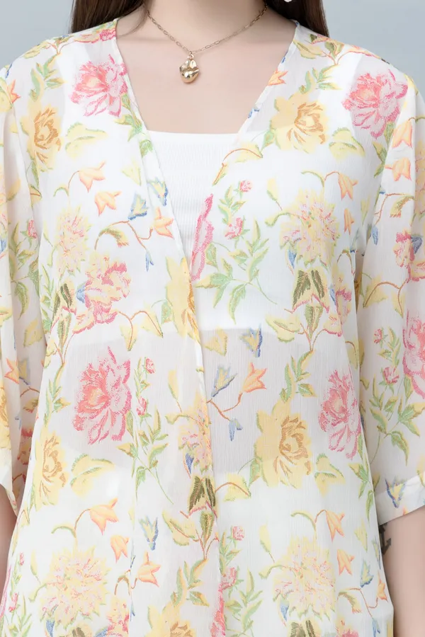 White_&_Yellow_Georgette_Floral_Print_3/4Th_Sleeve_Shrug_For_Women