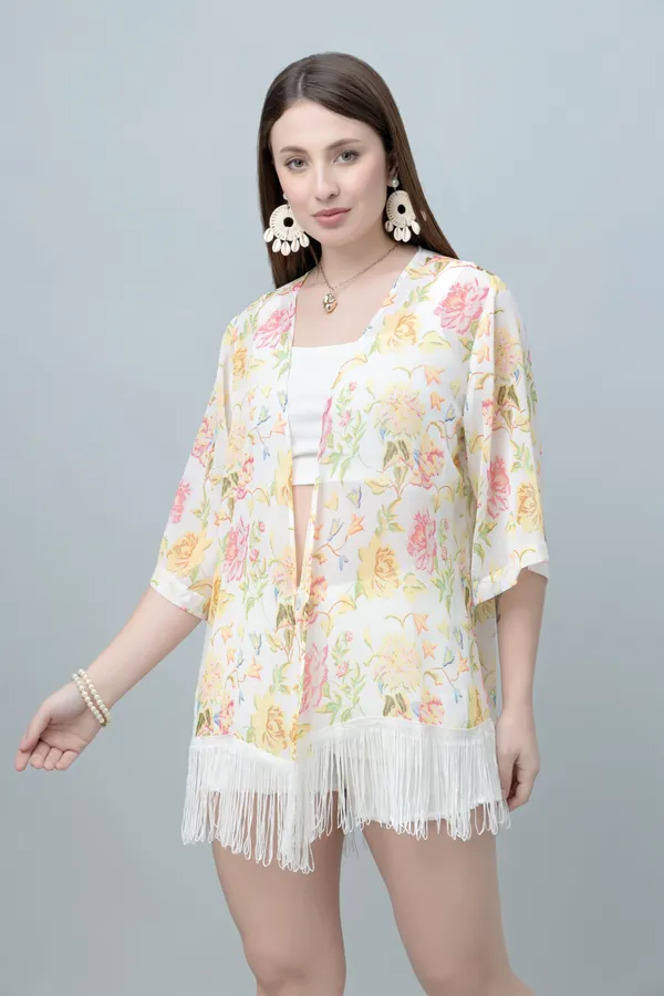 White_&_Yellow_Georgette_Floral_Print_3/4Th_Sleeve_Shrug_For_Women