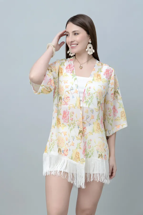 White_&_Yellow_Georgette_Floral_Print_3/4Th_Sleeve_Shrug_For_Women
