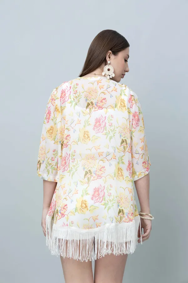 White_&_Yellow_Georgette_Floral_Print_3/4Th_Sleeve_Shrug_For_Women