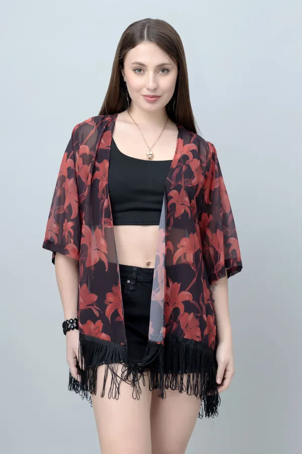 Red_&_Black_Georgette_Floral_Print_3/4Th_Sleeve_Shrug_For_Women
