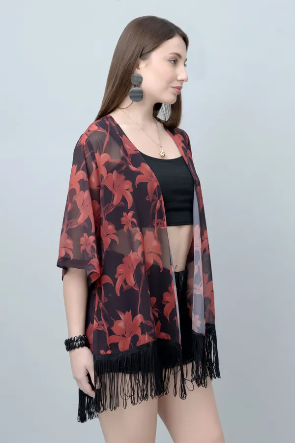 Red_&_Black_Georgette_Floral_Print_3/4Th_Sleeve_Shrug_For_Women