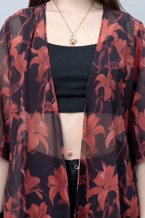 Red_&_Black_Georgette_Floral_Print_3/4Th_Sleeve_Shrug_For_Women