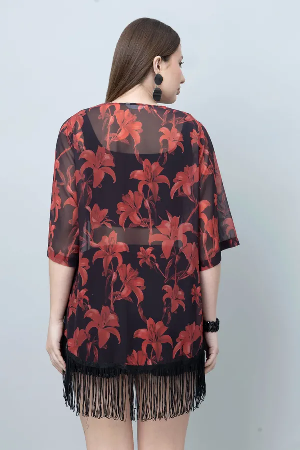 Red_&_Black_Georgette_Floral_Print_3/4Th_Sleeve_Shrug_For_Women