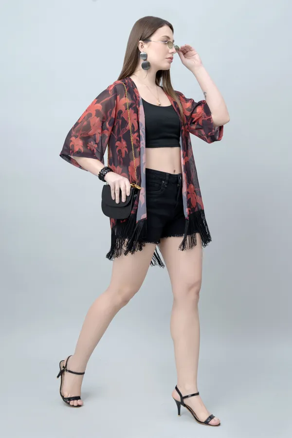 Red_&_Black_Georgette_Floral_Print_3/4Th_Sleeve_Shrug_For_Women