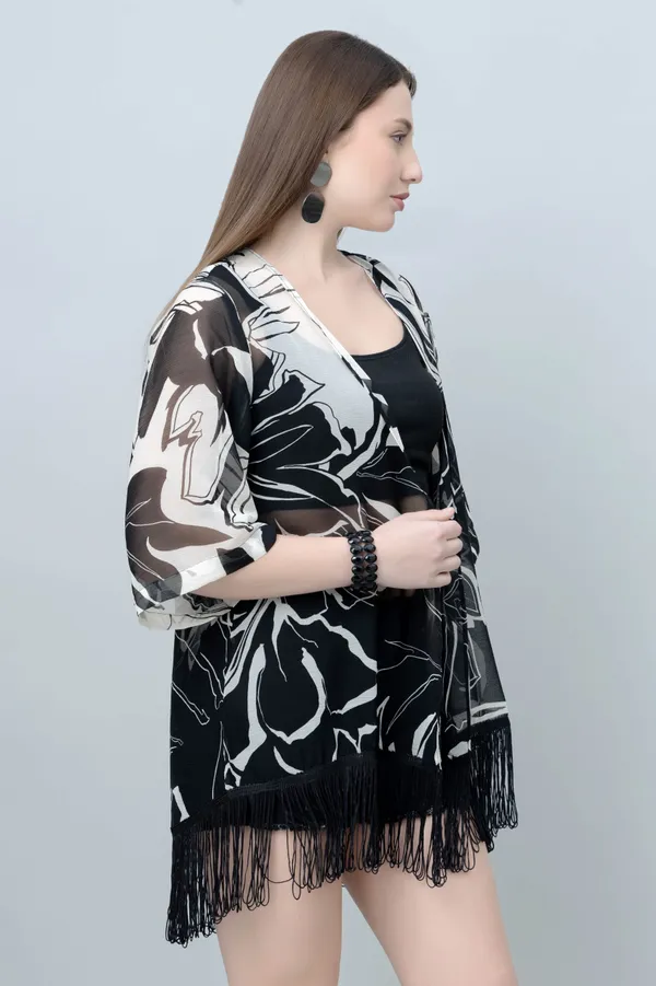 White_&_Black_Georgette_Floral_Print_3/4Th_Sleeve_Shrug_For_Women