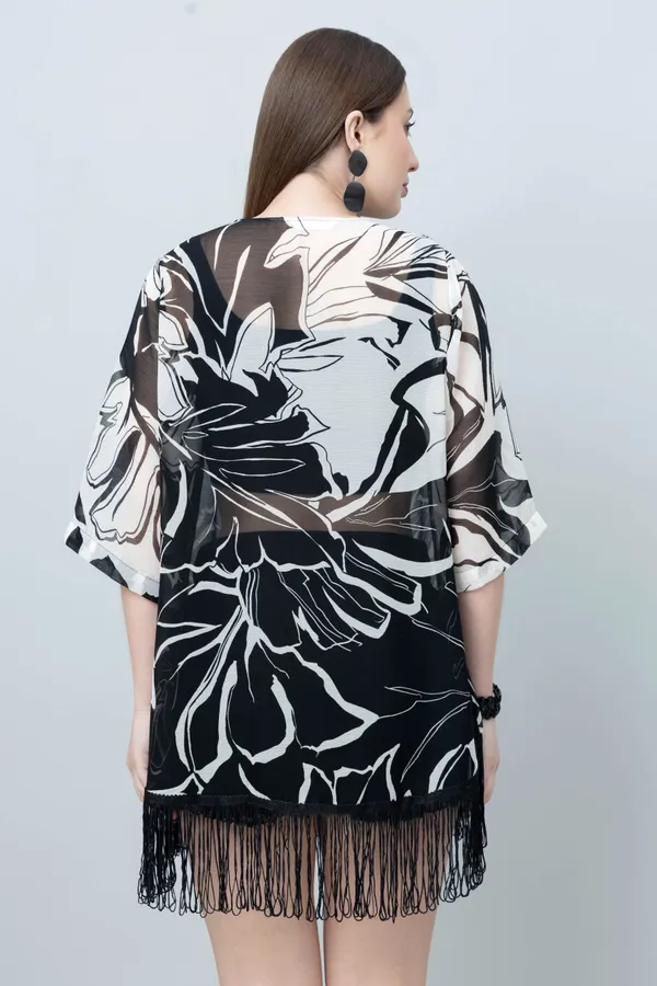 White_&_Black_Georgette_Floral_Print_3/4Th_Sleeve_Shrug_For_Women