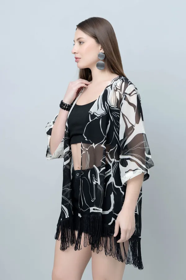 White_&_Black_Georgette_Floral_Print_3/4Th_Sleeve_Shrug_For_Women