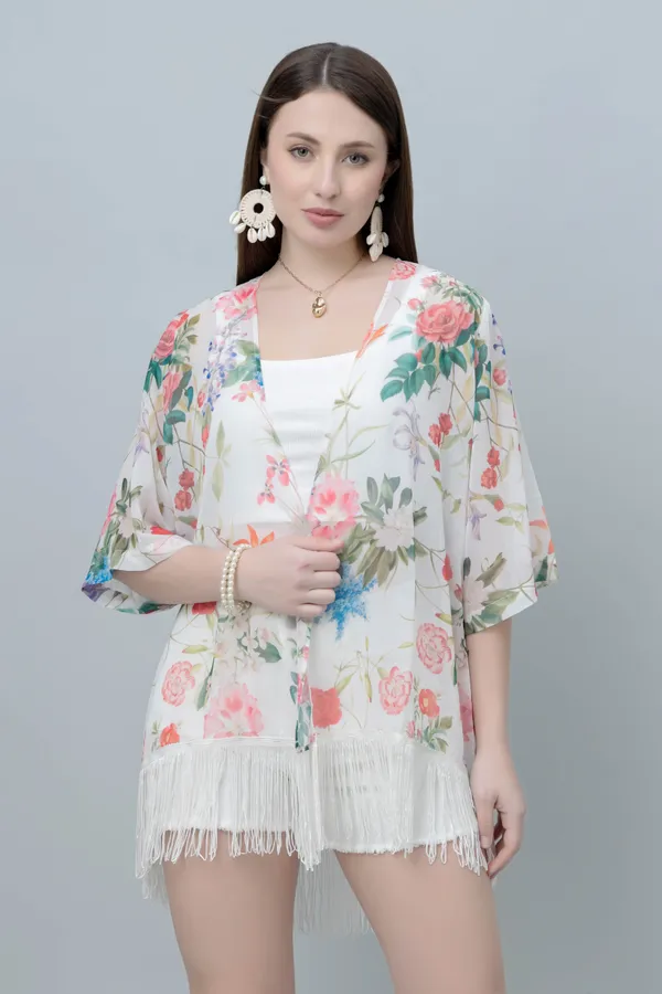 White_&_Pink_Georgette_Floral_Print_3/4Th_Sleeve_Shrug_For_Women