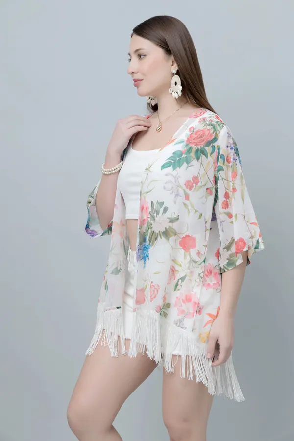 White_&_Pink_Georgette_Floral_Print_3/4Th_Sleeve_Shrug_For_Women