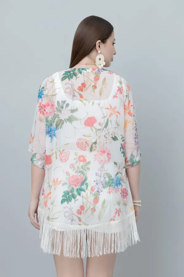 White_&_Pink_Georgette_Floral_Print_3/4Th_Sleeve_Shrug_For_Women