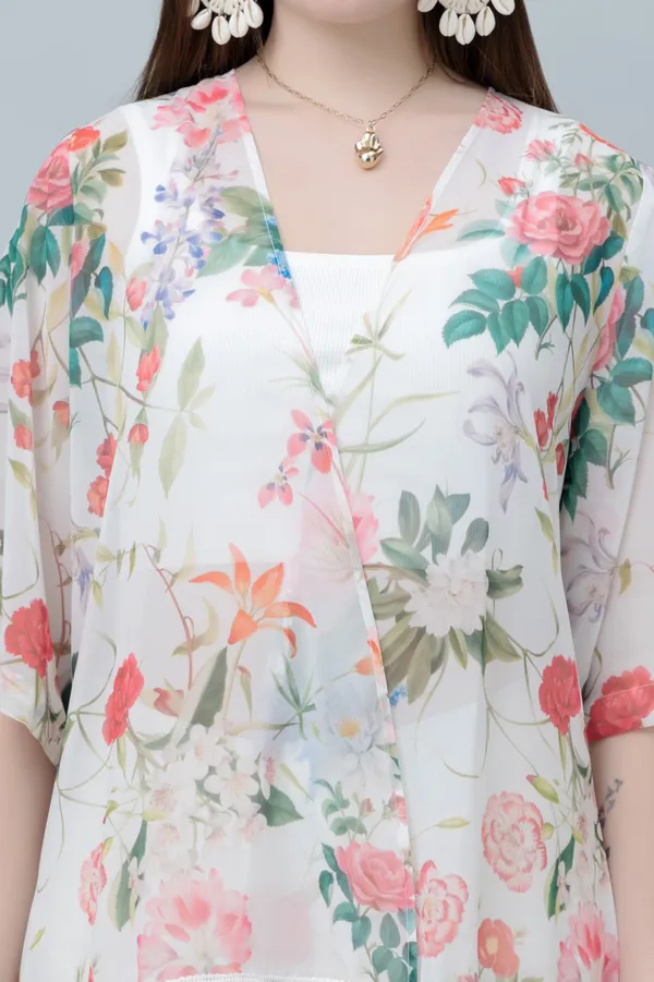 White_&_Pink_Georgette_Floral_Print_3/4Th_Sleeve_Shrug_For_Women