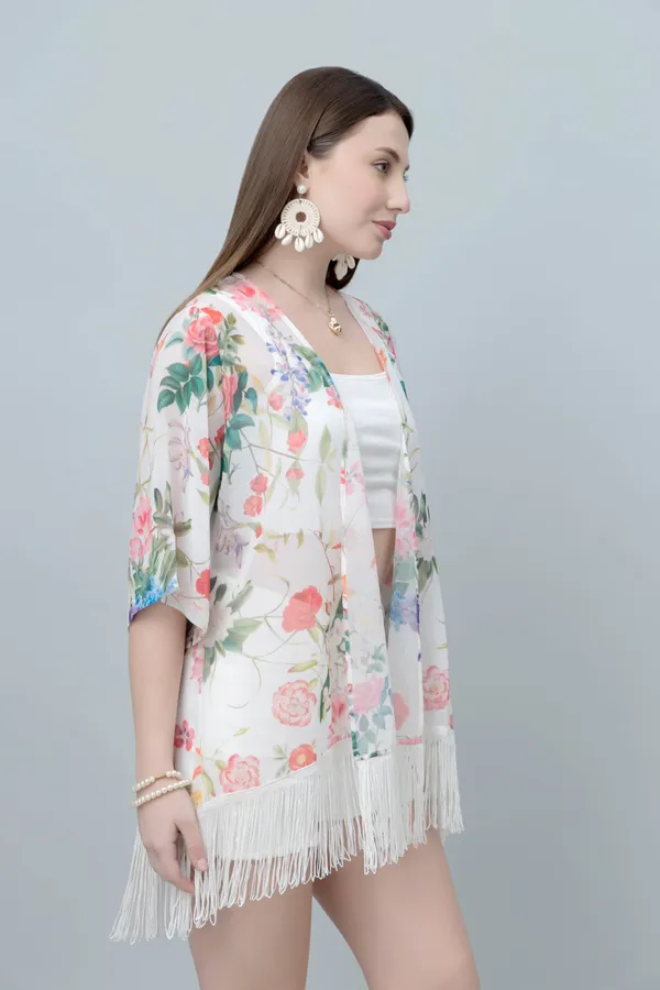 White_&_Pink_Georgette_Floral_Print_3/4Th_Sleeve_Shrug_For_Women