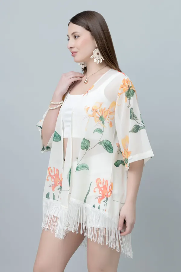White_&_Orange_Georgette_Floral_Print_3/4Th_Sleeve_Shrug_For_Women