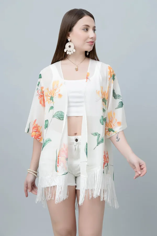 White_&_Orange_Georgette_Floral_Print_3/4Th_Sleeve_Shrug_For_Women