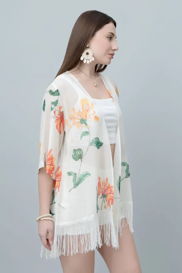 White_&_Orange_Georgette_Floral_Print_3/4Th_Sleeve_Shrug_For_Women
