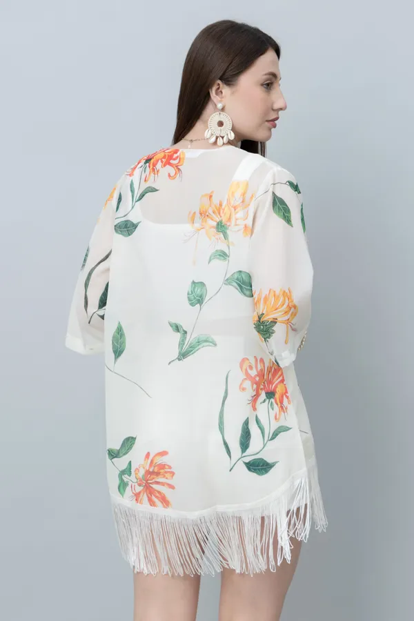 White_&_Orange_Georgette_Floral_Print_3/4Th_Sleeve_Shrug_For_Women
