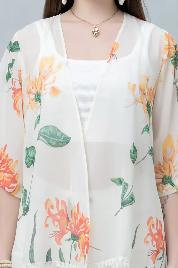 White_&_Orange_Georgette_Floral_Print_3/4Th_Sleeve_Shrug_For_Women