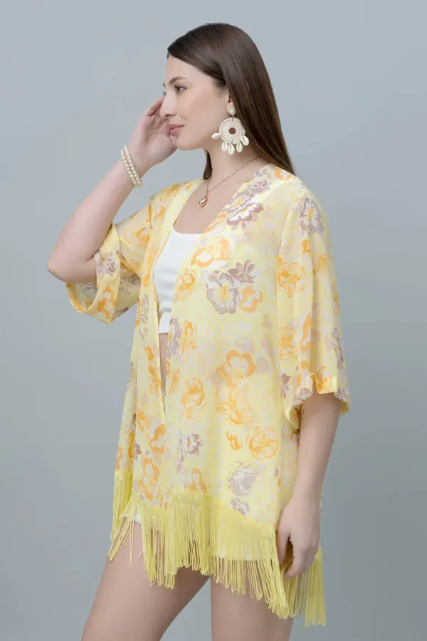 Yellow_&_Orange_Georgette_Floral_Print_3/4Th_Sleeve_Shrug_For_Women