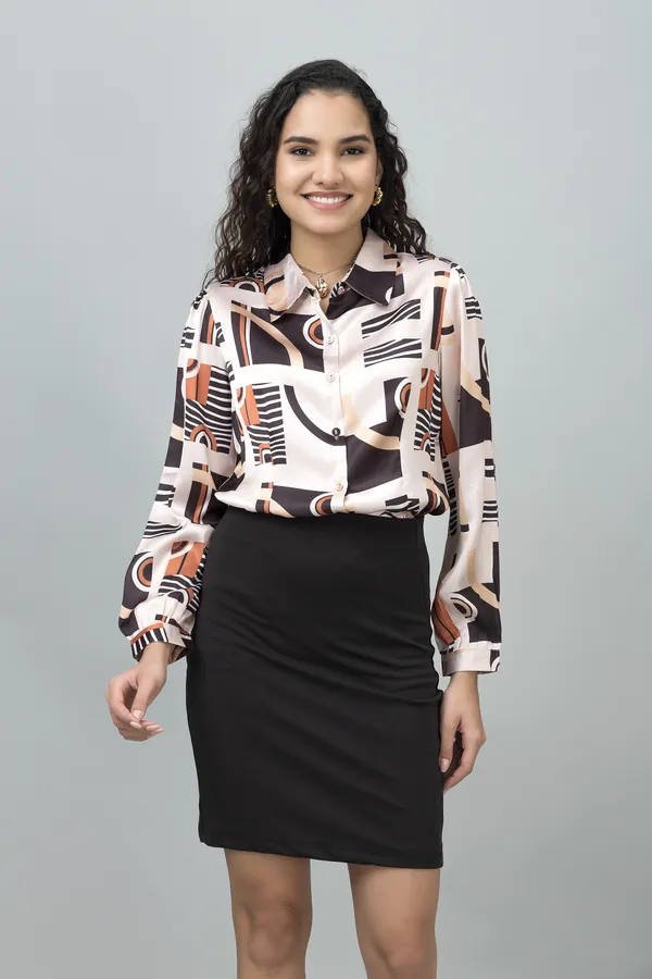 Beige_&_Black_Satin_Printed_Roll-Up_Sleeve_Hip_Length_Shirt_For_Women