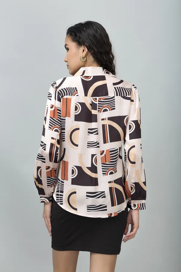 Beige_&_Black_Satin_Printed_Roll-Up_Sleeve_Hip_Length_Shirt_For_Women