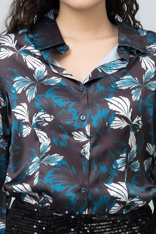 Blue_&_Black_Satin_Floral_Print_Full_Sleeve_Hip_Length_Shirt_For_Women