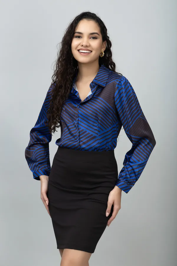 Blue_&_Black_Satin_Geometric_Print_Roll-Up_Sleeve_Hip_Length_Shirt_For_Women