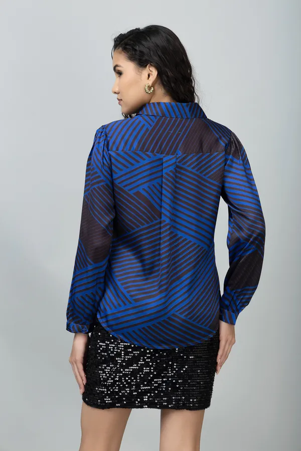 Blue_&_Black_Satin_Geometric_Print_Roll-Up_Sleeve_Hip_Length_Shirt_For_Women