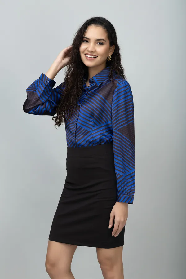 Blue_&_Black_Satin_Geometric_Print_Roll-Up_Sleeve_Hip_Length_Shirt_For_Women