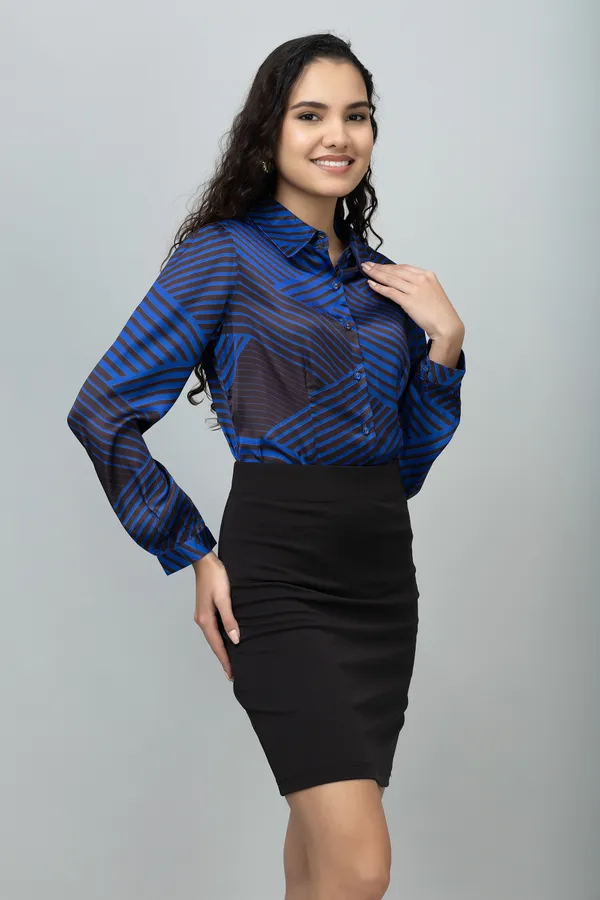 Blue_&_Black_Satin_Geometric_Print_Roll-Up_Sleeve_Hip_Length_Shirt_For_Women