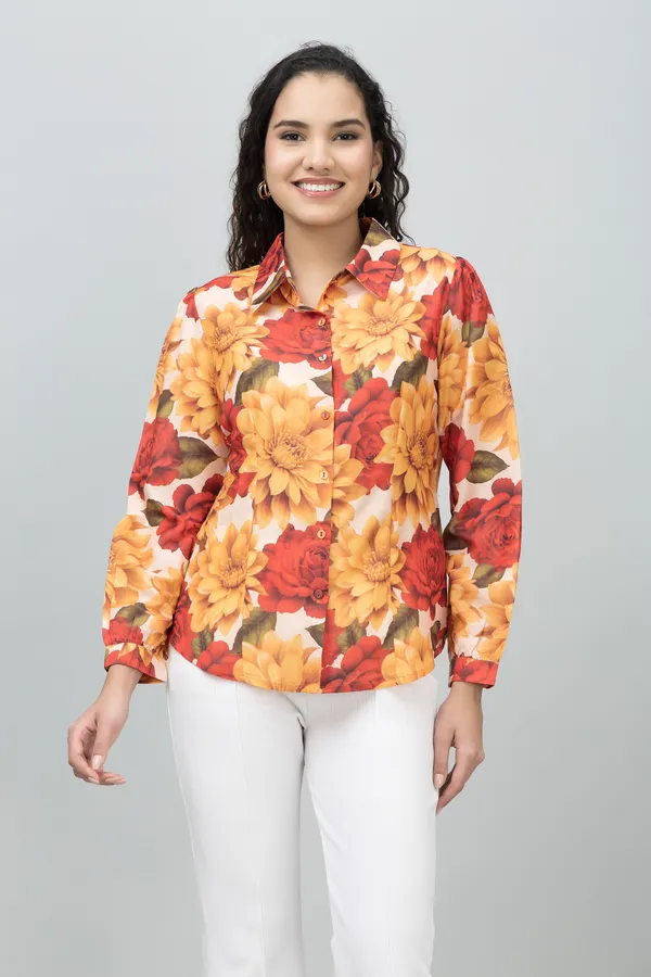 Multicolor_Satin_Floral_Print_Roll-Up_Sleeve_Hip_Length_Shirt_For_Women