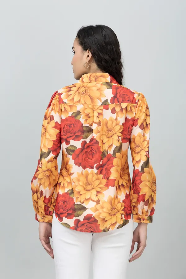 Multicolor_Satin_Floral_Print_Roll-Up_Sleeve_Hip_Length_Shirt_For_Women