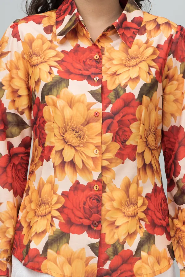 Multicolor_Satin_Floral_Print_Roll-Up_Sleeve_Hip_Length_Shirt_For_Women
