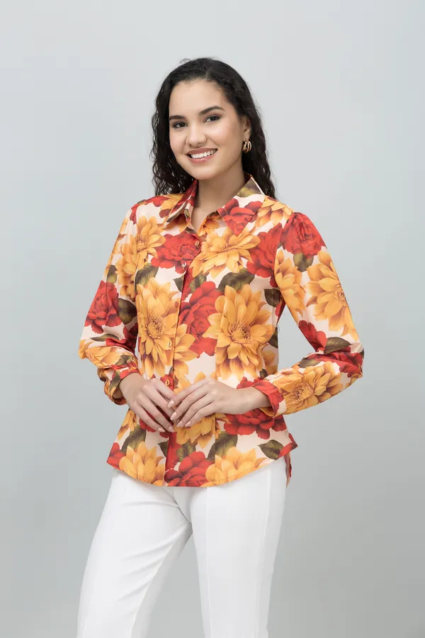 Multicolor_Satin_Floral_Print_Roll-Up_Sleeve_Hip_Length_Shirt_For_Women