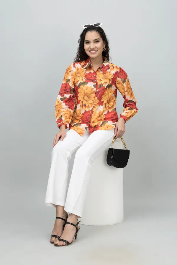 Multicolor_Satin_Floral_Print_Roll-Up_Sleeve_Hip_Length_Shirt_For_Women