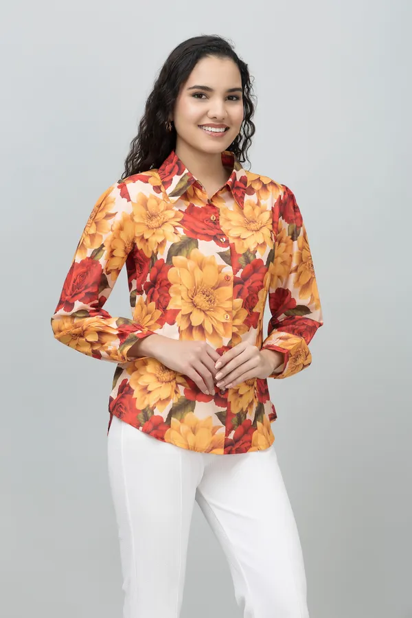 Multicolor_Satin_Floral_Print_Roll-Up_Sleeve_Hip_Length_Shirt_For_Women