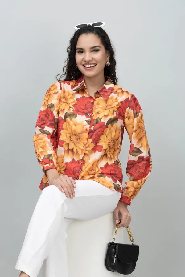 Multicolor_Satin_Floral_Print_Roll-Up_Sleeve_Hip_Length_Shirt_For_Women