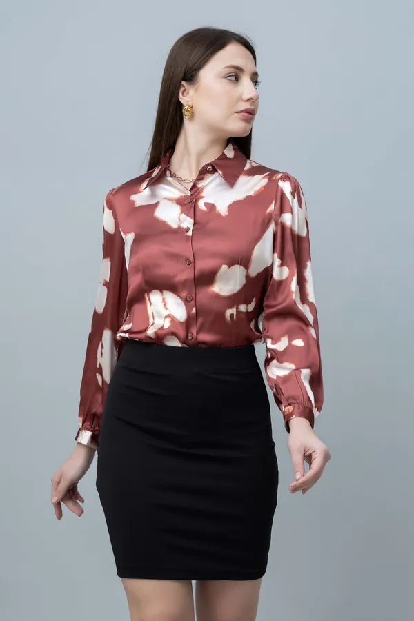 Brown_Satin_Printed_Full_Sleeve_Hip_Length_Shirt_For_Women