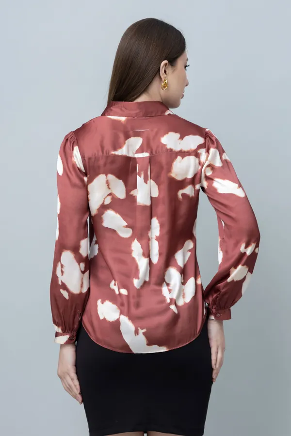 Brown_Satin_Printed_Full_Sleeve_Hip_Length_Shirt_For_Women