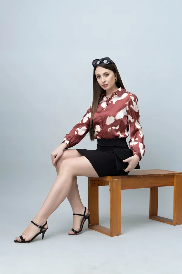 Brown_Satin_Printed_Full_Sleeve_Hip_Length_Shirt_For_Women