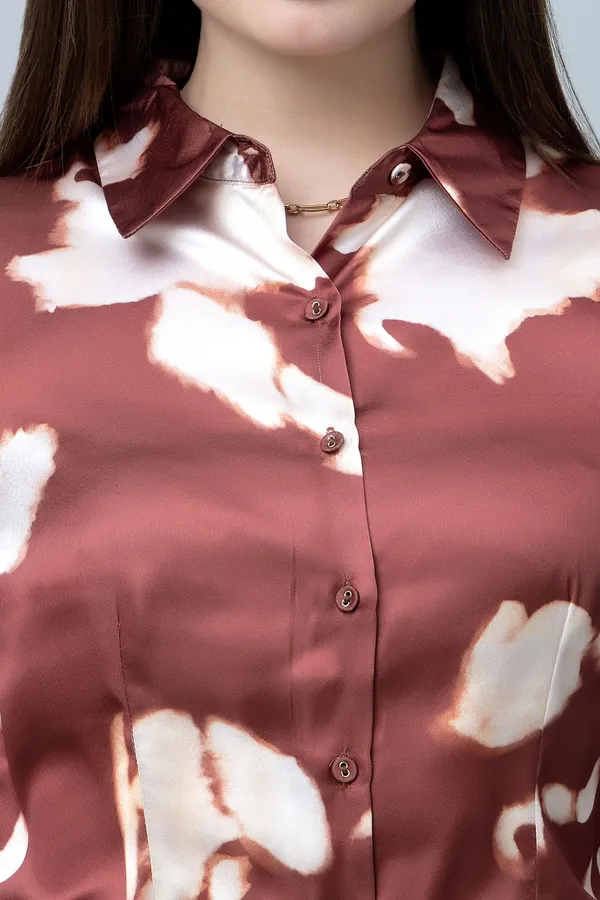 Brown_Satin_Printed_Full_Sleeve_Hip_Length_Shirt_For_Women