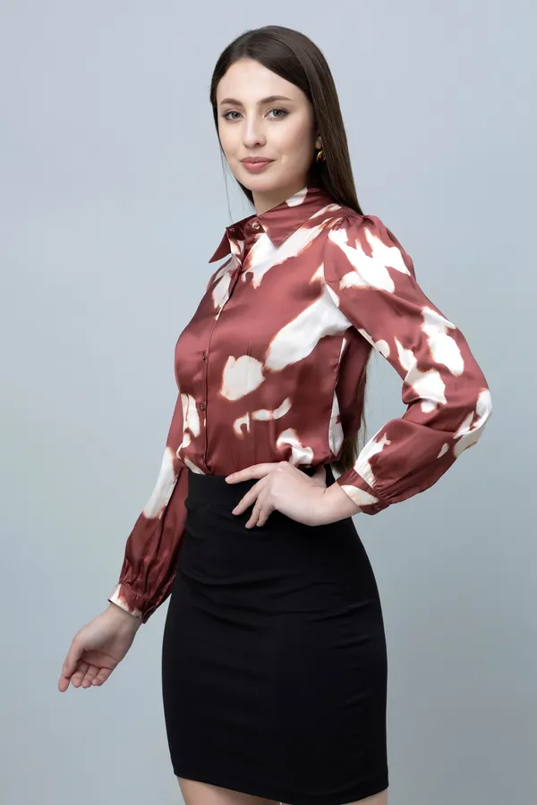 Brown_Satin_Printed_Full_Sleeve_Hip_Length_Shirt_For_Women