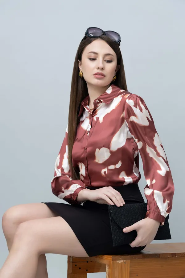 Brown_Satin_Printed_Full_Sleeve_Hip_Length_Shirt_For_Women
