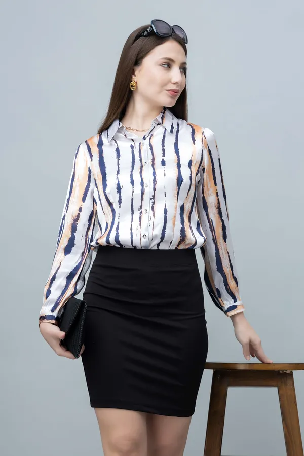 White_&_Blue_Satin_Striped_Full_Sleeve_Hip_Length_Shirt_For_Women