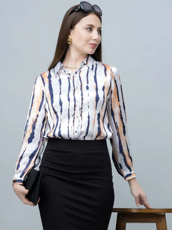 White_&_Blue_Satin_Striped_Full_Sleeve_Hip_Length_Shirt_For_Women